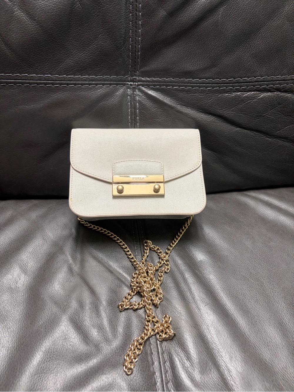 Furla White Saffiano Leather Crossbody Bag with Gold Chain